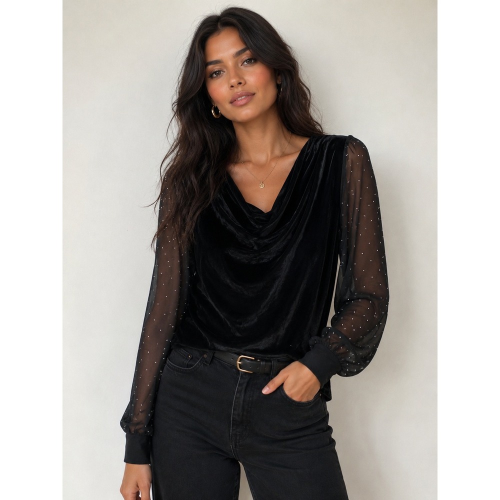 Velvet Cowl Neck Blouse Women's Large Black Rhinestone Sleeves Glamcore Sparkly